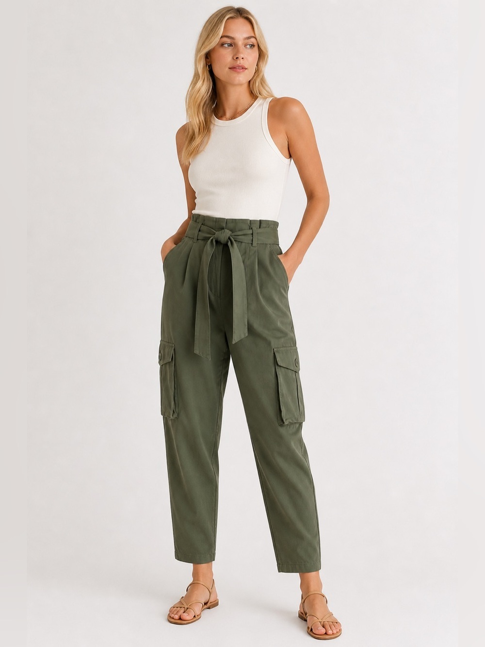 Exquise Olive Green Paperbag Waist Cargo Pants Belted Utility Trouser Size MP